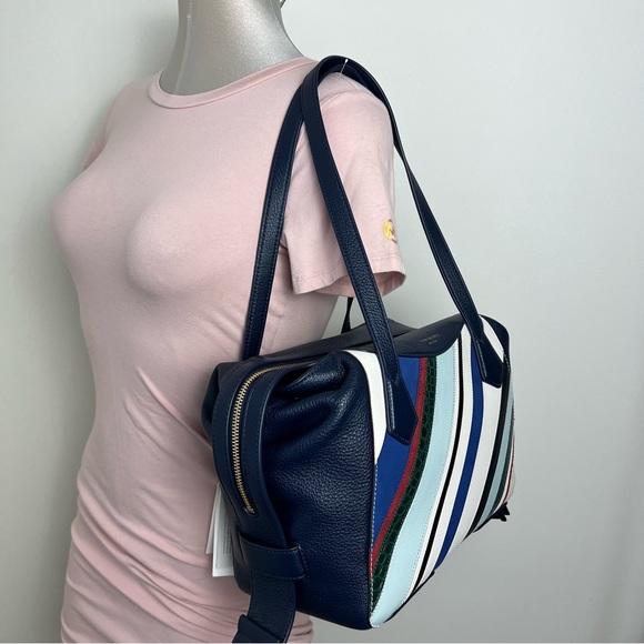 Tory Burch Blue Perry Balloon Stripe Satchel Leather Bag NEW Multicolor - Picture 16 of 16